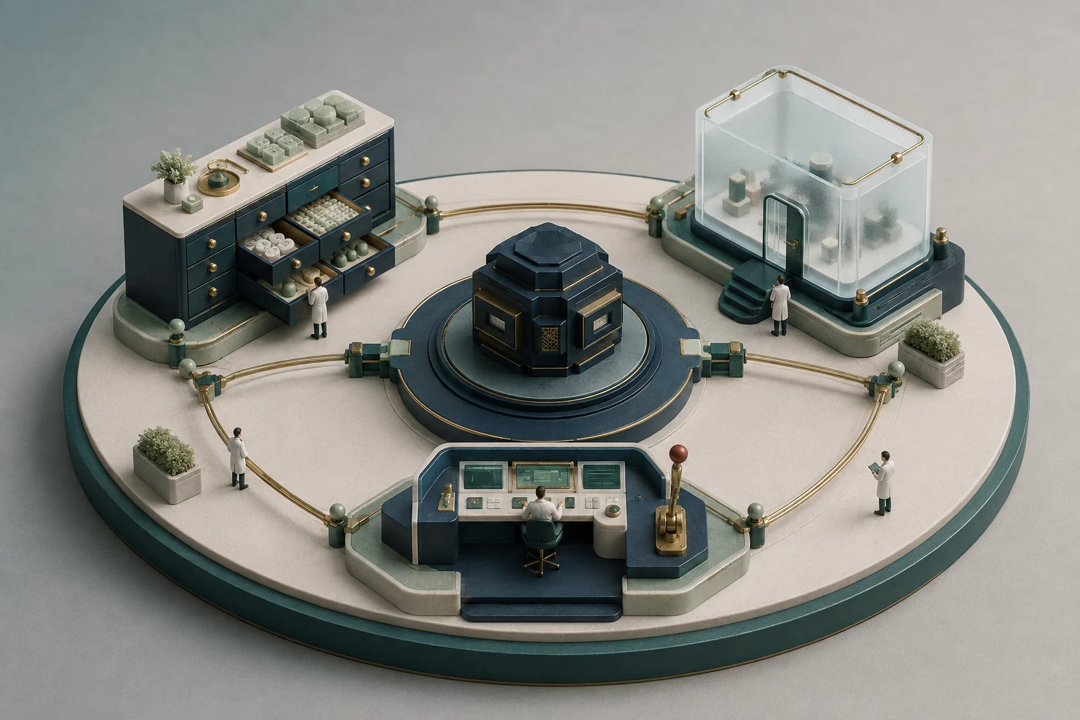 Conceptual AI assurance laboratory with a model engine, test specimens, controlled test chamber and human review station