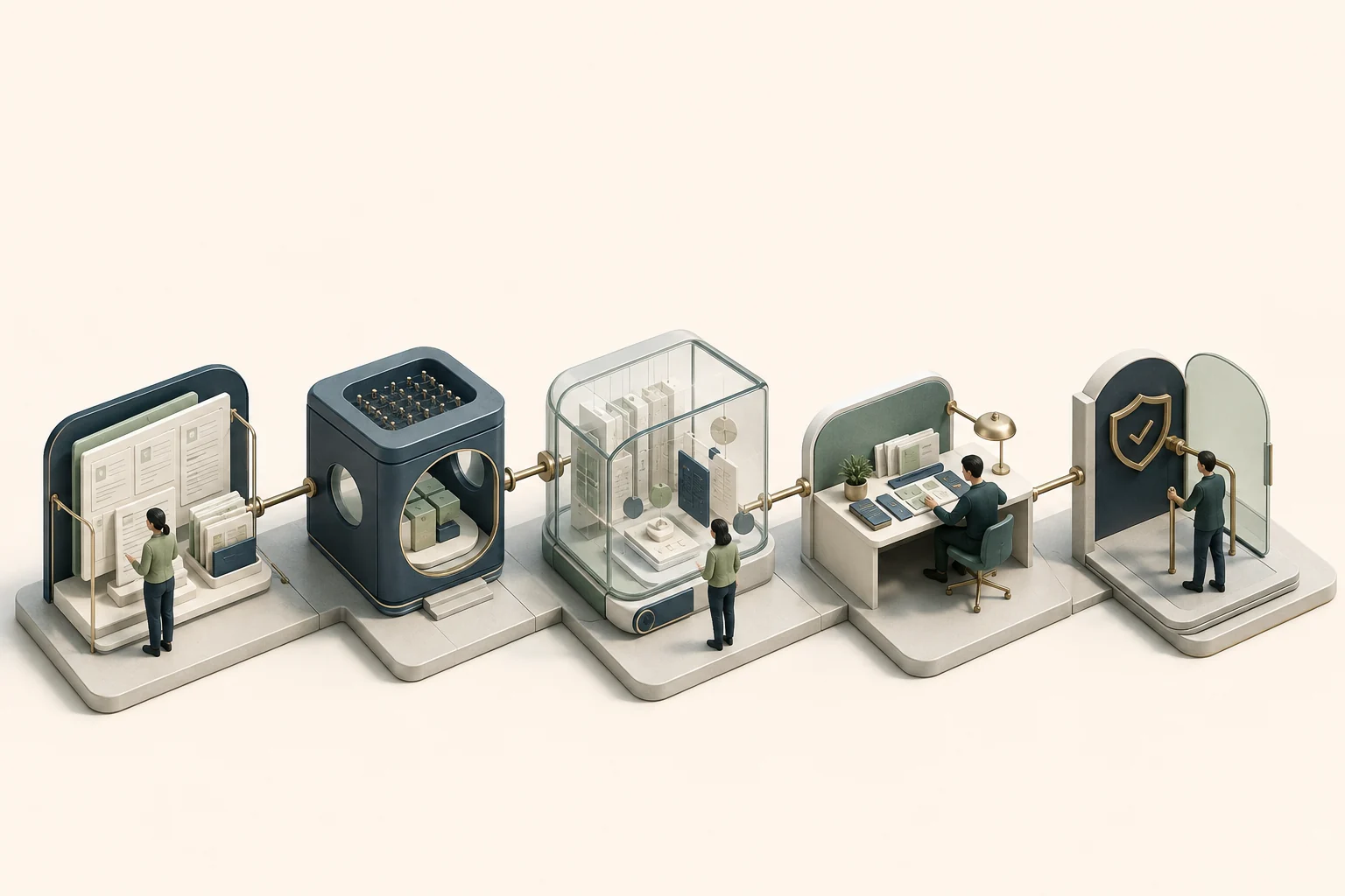 Illustrated workflow connecting requirements, AI assistance, test execution, human review and release